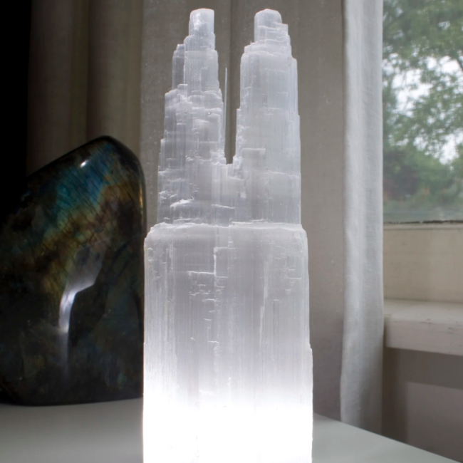 Selenite (Satin Spar Gypsum) Double Twin Tower Lamp Light - Small 8" (Cord & Bulb Included)