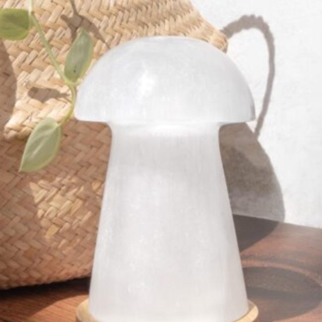 Selenite (Satin Spar Gypsum) Mushroom Lamp Light - 6"  (Cord & Bulb Included)