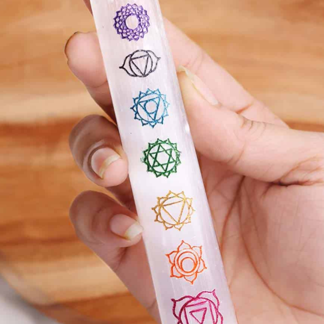 Selenite (Satin Spar Gypsum) Chakra Tower Point Generator - 6" Engraved Symbols Large