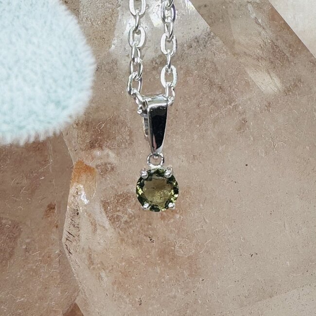 Moldavite Pendants - Round (Small) Circle Faceted Claw Prong Set - Sterling Silver