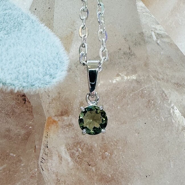 Moldavite Pendants - Round (Medium) Circle Faceted Claw Prong Set - Sterling Silver