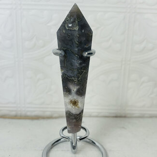 Moss Agate Faceted Wand on Silver Pin Stand - Large (4-5") with Stand