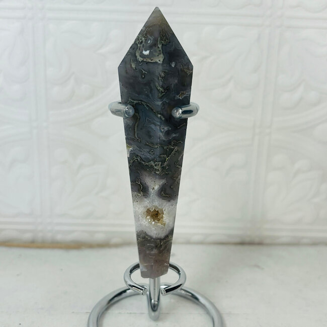 Moss Agate Faceted Wand on Silver Pin Stand - Large (4-5") with Stand