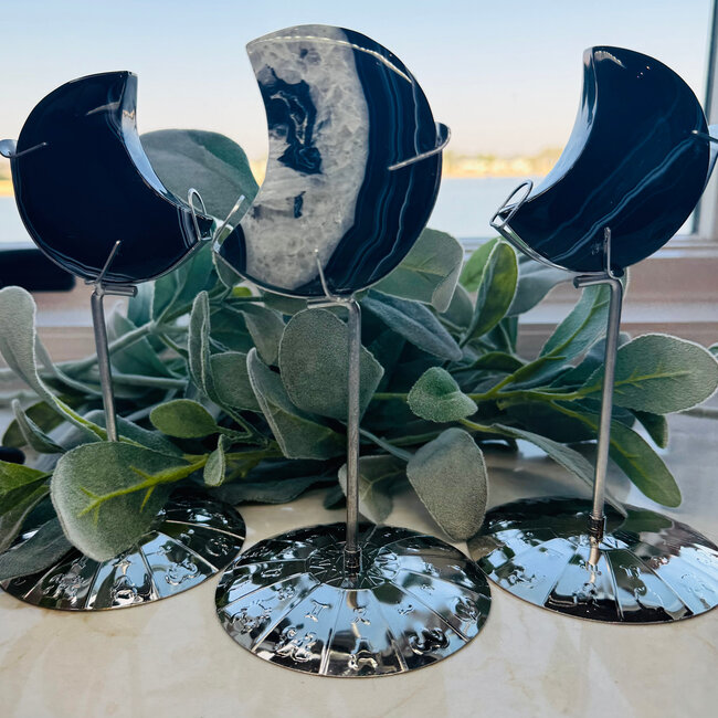 Black Agate Crescent Moons on Silver Stand Pin - 7-8" Medium