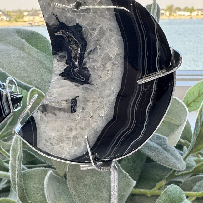Black Agate Crescent Moons on Silver Stand Pin - 7-8" Medium