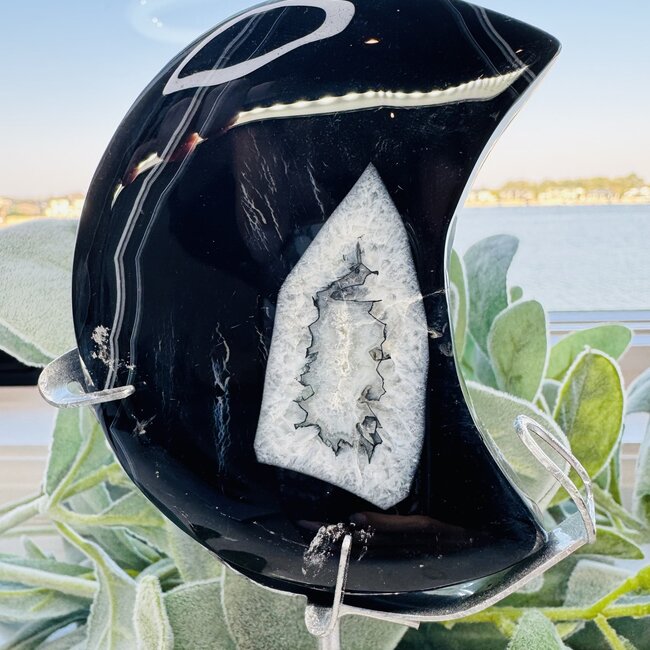 Black Agate Crescent Moons on Silver Stand Pin - 7-8" Large