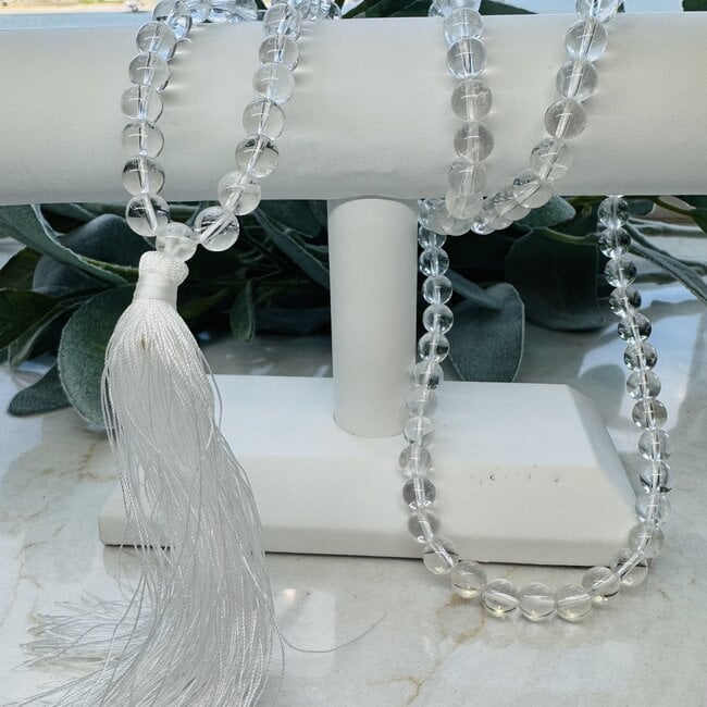 Clear (Crystal) Quartz Japa Mala White Tassel - Japamalas Prayer Meditation Mantra Counting Beads Necklace - 8mm