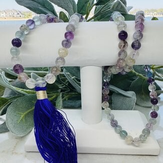 Rainbow Fluorite Japa Malas Purple Tassel - Japamalas Prayer Meditation Mantra Counting Beads Necklace - 8mm