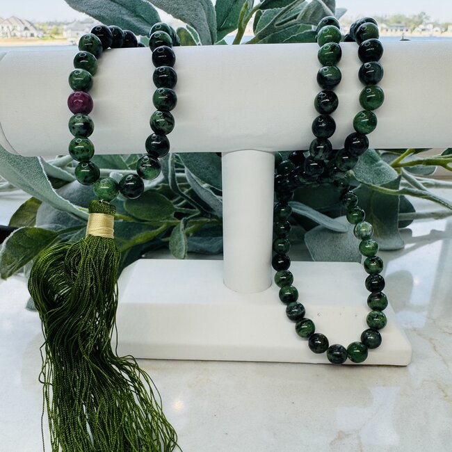 Ruby Zoisite Japa Malas Green Tassel  - Japamalas Prayer Meditation Mantra Counting Beads Necklace - 8mm