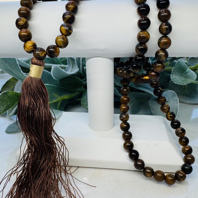 Gold Tigers Eye Japa Malas Brown Tassel - Prayer Meditation Mantra Counting Beads - 8mm