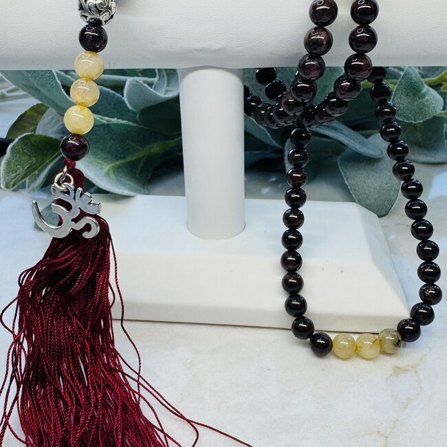 Garnet & Rutilated Quartz (Gold Rutile Angel Venus Hair) Japa Malas Maroon Tassel OM Charm - Japamalas Prayer Meditation Mantra Counting Beads Necklace - 8mm