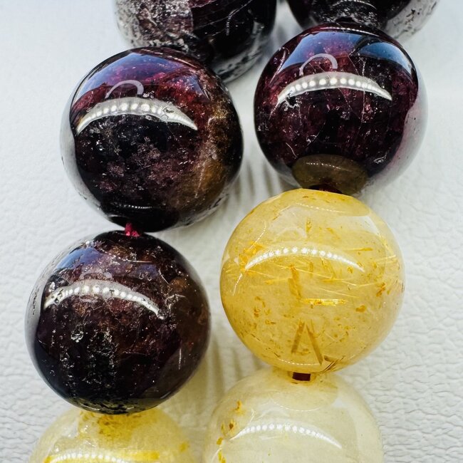 Garnet & Rutilated Quartz (Gold Rutile Angel Venus Hair) Japa Malas Maroon Tassel OM Charm - Japamalas Prayer Meditation Mantra Counting Beads Necklace - 8mm