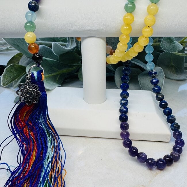 7 Chakra Japa Malas Tassel Flower Charm - Japamalas Prayer Meditation Mantra Counting Beads Necklace - 8mm