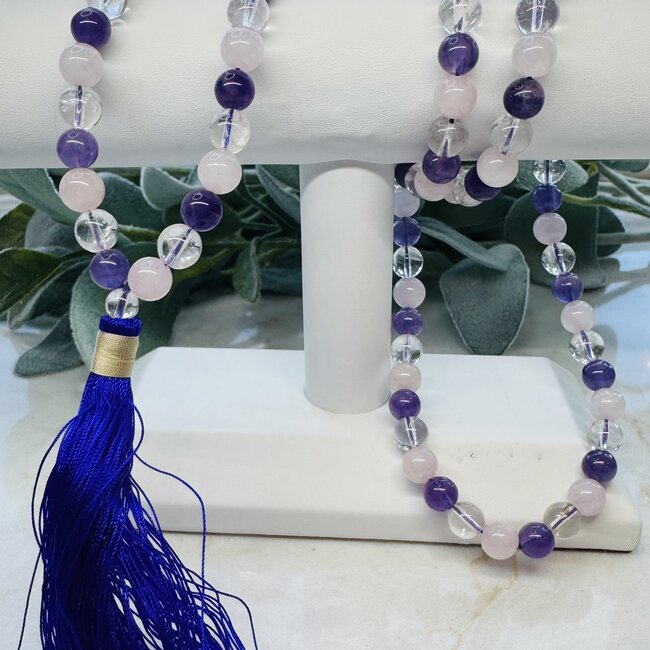 Amethyst, Clear Quartz (Crystal) & Rose Quartz Japa Malas Purple Tassel  - Japamalas Prayer Meditation Mantra Counting Beads Necklace - 8mm