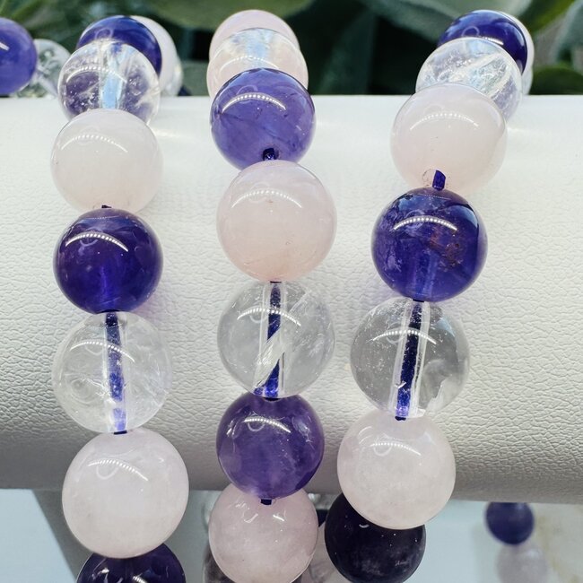 Amethyst, Clear Quartz (Crystal) & Rose Quartz Japa Malas Purple Tassel  - Japamalas Prayer Meditation Mantra Counting Beads Necklace - 8mm