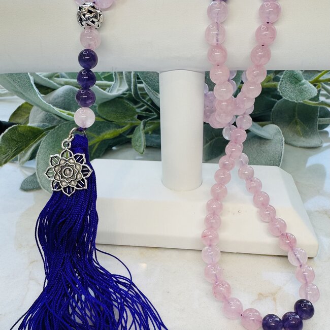 Amethyst & Rose Quartz  Japa Mala with Lotus - Japamalas Prayer Meditation Mantra Counting Beads Necklace - 8mm