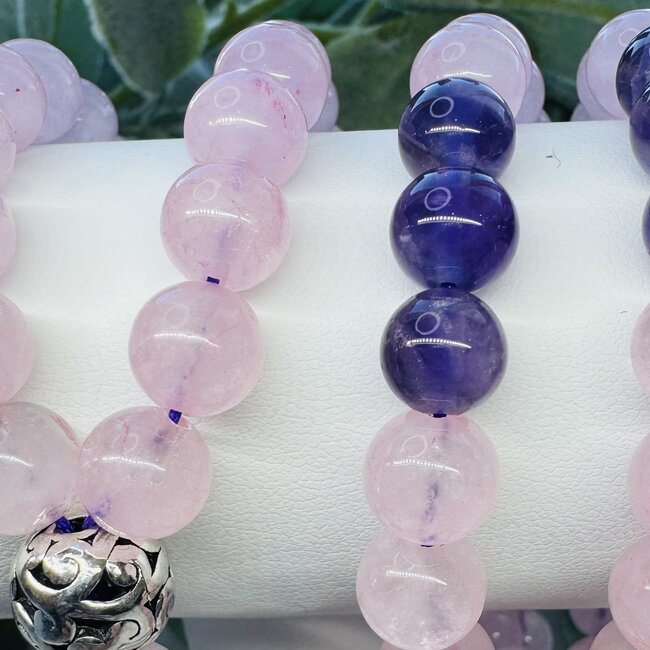 Amethyst & Rose Quartz  Japa Mala with Lotus - Japamalas Prayer Meditation Mantra Counting Beads Necklace - 8mm