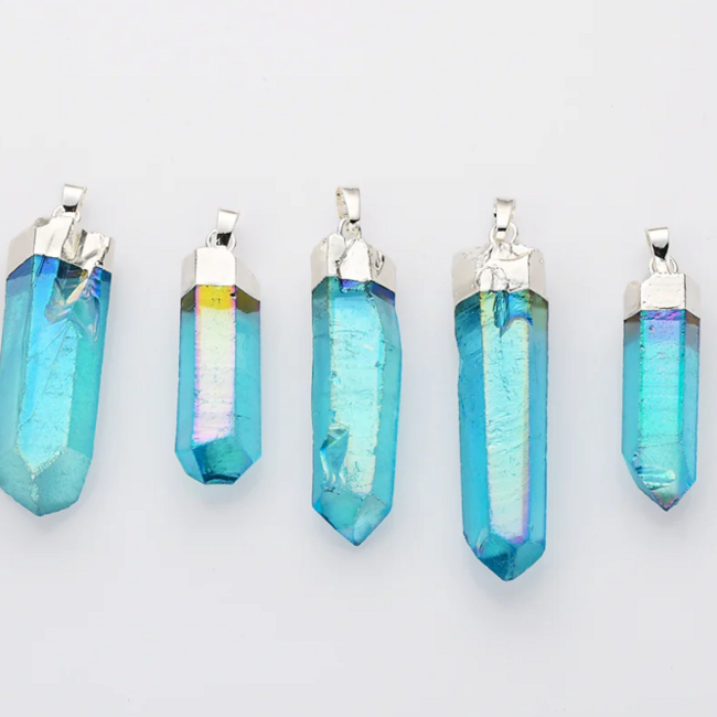 Blue Aqua Aura Clear Quartz Pendants - Rough Raw Faceted Points - Silver Plated Cap