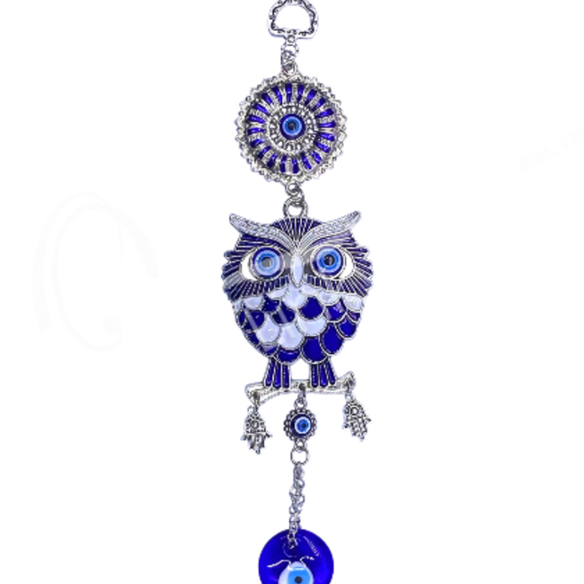 Evil Eye Wall Hanging Decor - Blue & White Owl with Hamsa Hands Inlay Talisman,   - 9" Silver