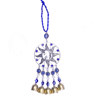 Evil Eye Wall Hanging Decor - Blue Celestial with Gold (Plated) Bells - 11.75" Silver
