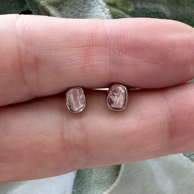 Rhodochrosite Earrings - Stud Bezel Rough Raw Natural - Sterling Silver