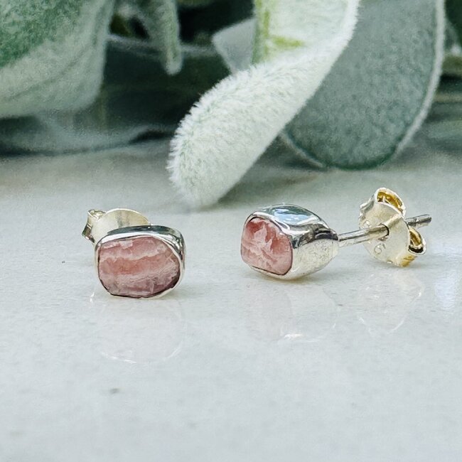 Rhodochrosite Earrings - Stud Bezel Rough Raw Natural - Sterling Silver