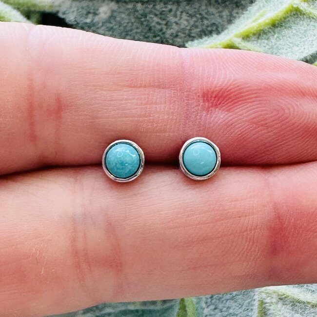 Turquoise Earrings - 5mm Round Studs - Bezel Set Sterling Silver