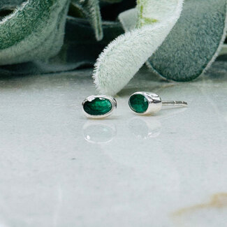 Emerald Earrings - Oval Faceted Stud Bezel Set - Sterling Silver .925