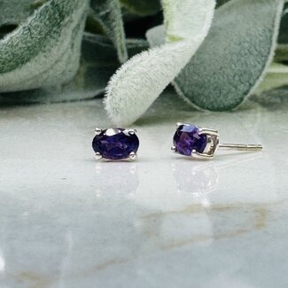 Amethyst Earrings - Oval Faceted Studs - Sterling Silver