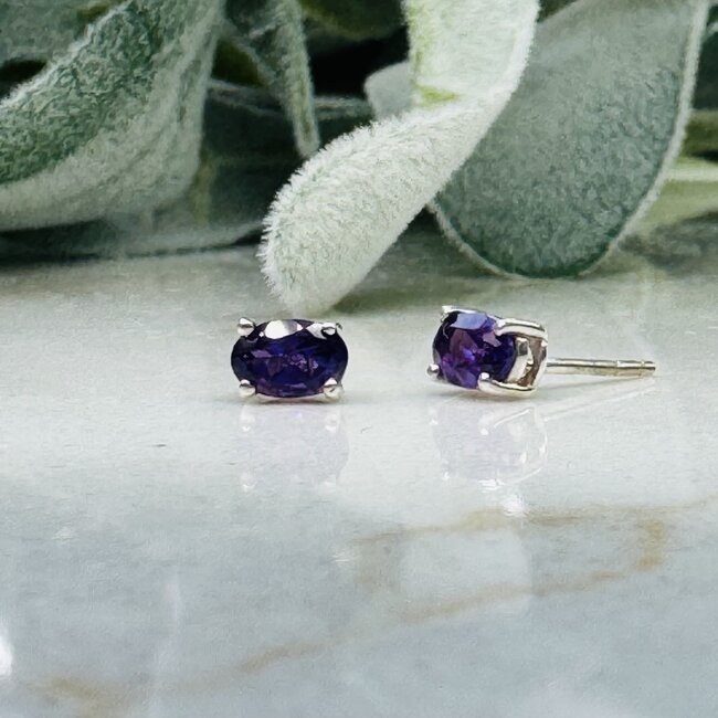 Amethyst Earrings - Oval Faceted Studs - Sterling Silver