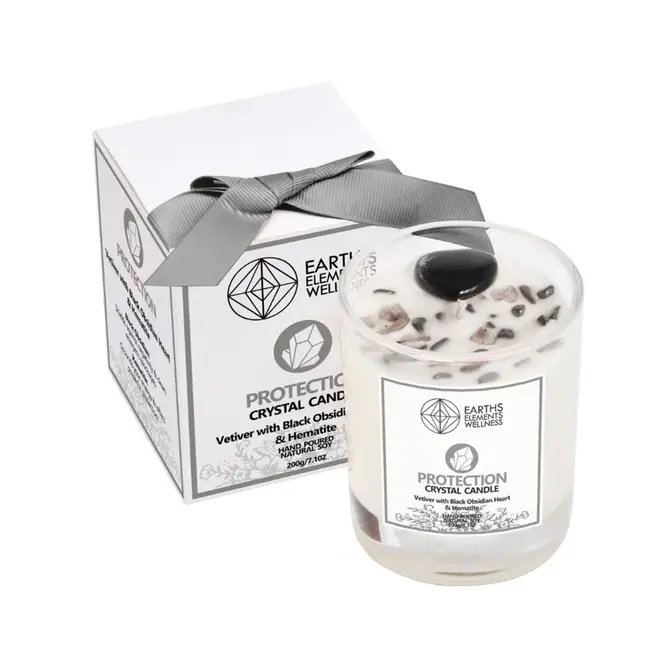 Protection Crystal Candle - Black Obsidian Heart and Hematite Chips- Vetiver - Earth's Elements
