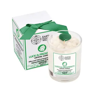 Luck & Prosperity Crystal Candle - Green Aventurine Heart & Moonstone Chips- Olive Leaf & Lemongrass - Earth's Elements