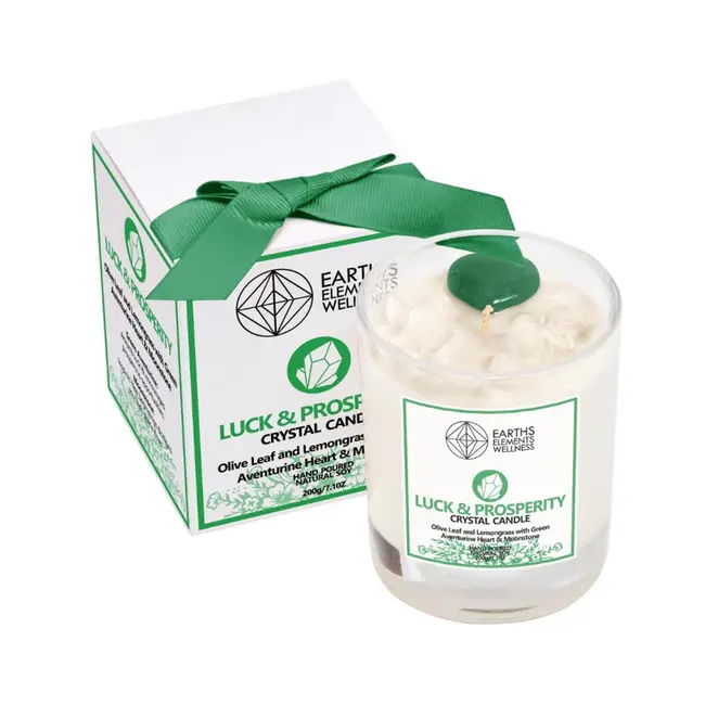 Luck & Prosperity Crystal Candle - Green Aventurine Heart & Moonstone Chips- Olive Leaf & Lemongrass - Earth's Elements