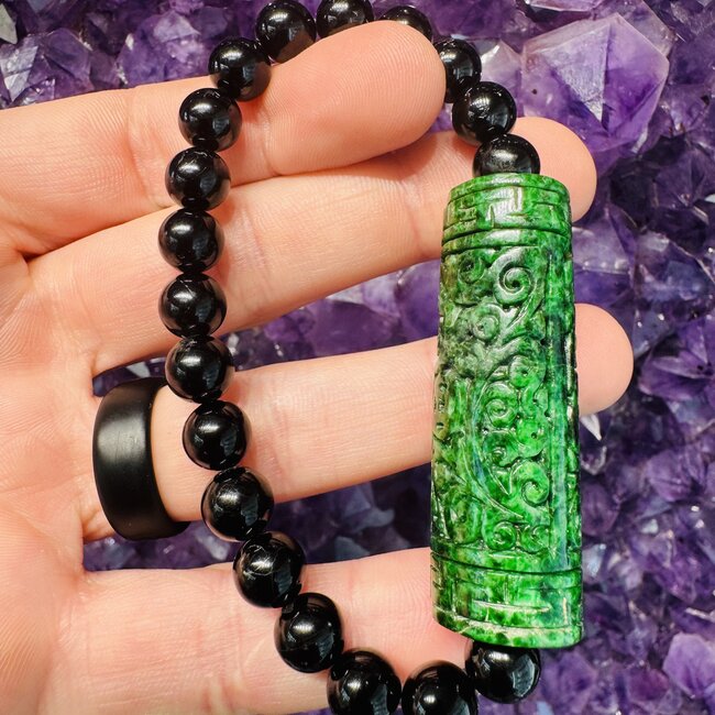 Black Tourmaline w/Maw Sit Sit Good Fortune Ruyi Bead Bracelet