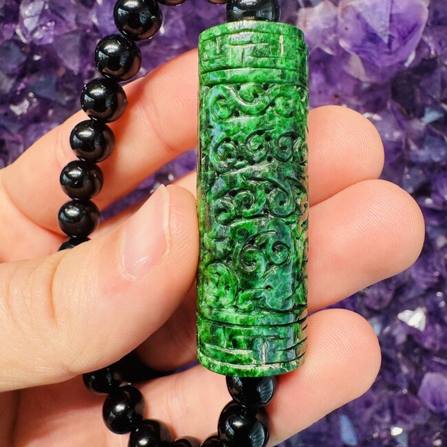 Black Tourmaline & Maw Sit Sit Good Fortune Ruyi Bead Bracelets - 8mm