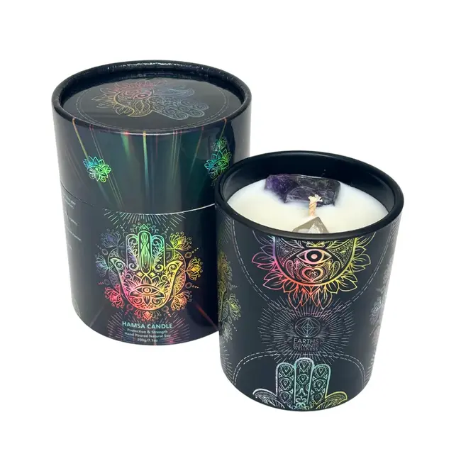 Hamsa Hand (Evil Eye) Candle with Amethyst and Clear Quartz Crystals -  7.01oz - Protection and Strength, Fir Wood, Violet and Sandalwood