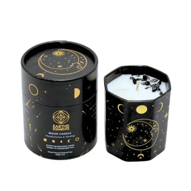 Moon Phase Crystal Candle with Black Obsidian and Clear Quartz - 7.01oz Manifestion & Healing, Natural Soy