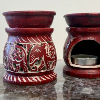 Soapstone Oil Burner - Red Color with Elephants - Round Soapstone Oil Burner - Red Color with Elephants - Round