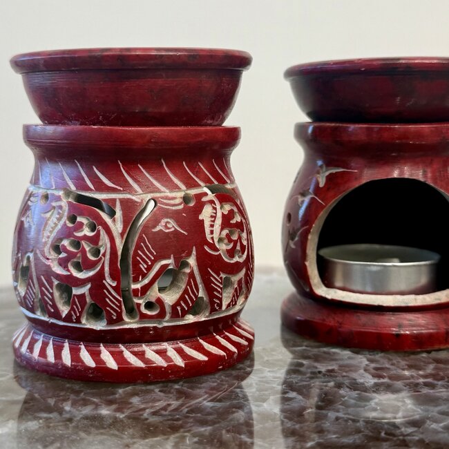 Soapstone Oil Burner - Red Color with Elephants - Round