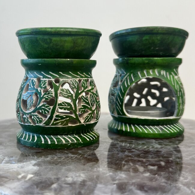 Soapstone Oil Burner - Green Color with Branches and Leafs - Rounded