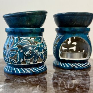 Soapstone Oil Burner - Aqua Blue Color with Elephants - Round Soapstone Oil Burner - Aqua Blue Color with Elephants - Round