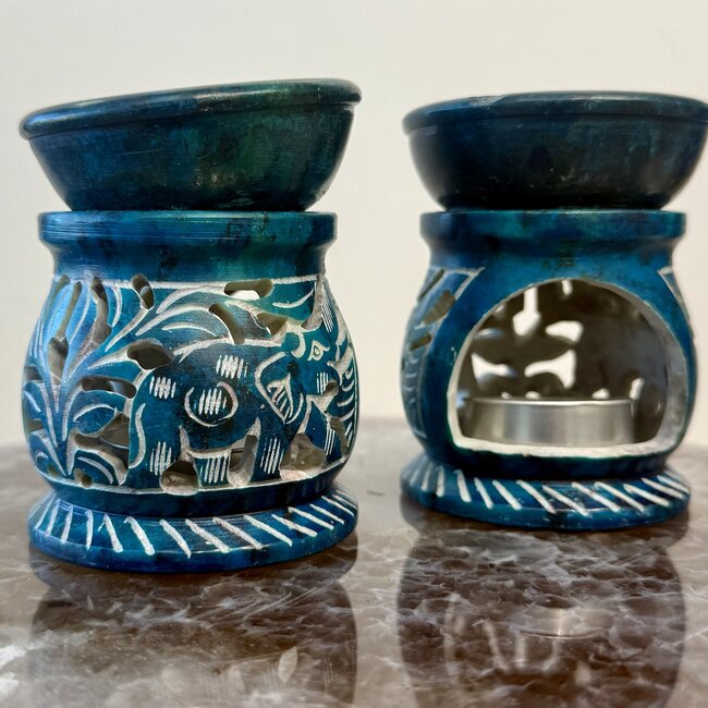 Soapstone Oil Burner - Aqua Blue Color with Elephants - Round