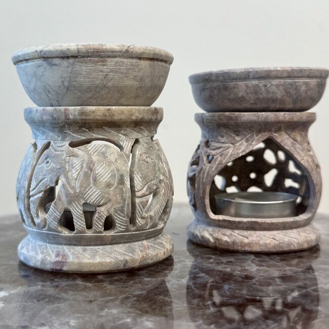 Soapstone Oil Burner - Marble Colors with Elephants - Round
