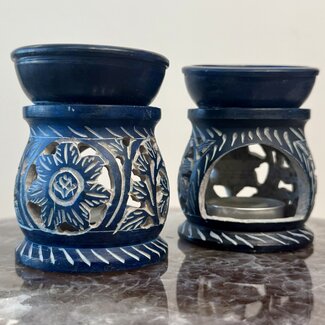 Soapstone Oil Burner - Dark Blue with Branches and Flowers - Round Soapstone Oil Burner - Dark Blue with Branches and Flowers - Round