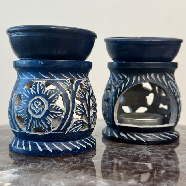 Soapstone Oil Burner - Dark Blue with Branches and Flowers - Round