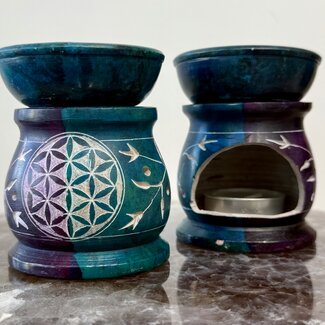 Soapstone Oil Burner - Aqua Blue and Purple Colors with Floral and Seed of Life - Round Soapstone Oil Burner - Aqua Blue and Purple Colors with Floral and Seed of Life - Round