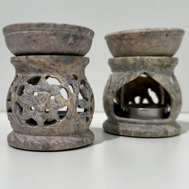 Soapstone Oil Burner - Marble Colors with Branches and Flowers - Round