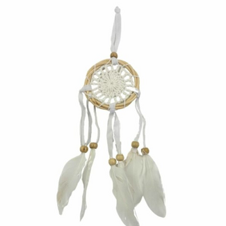 Dreamcatcher Dream Catcher White Crochet with Brown Beads & White Feathers - 11" Mini, Small