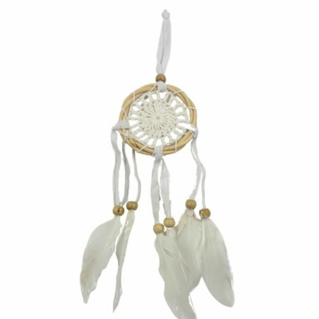 Dreamcatcher Dream Catcher White Crochet with Brown Beads & White Feathers - 11" Mini, Small