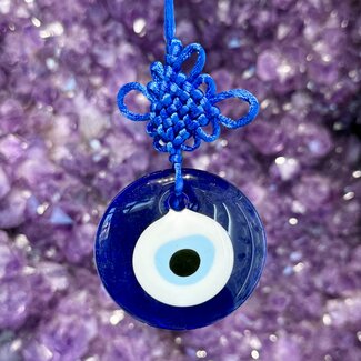 Evil Eye Wall Hanging Decor with Knots - Blue Glass Round - 2.5" Door Window Protection